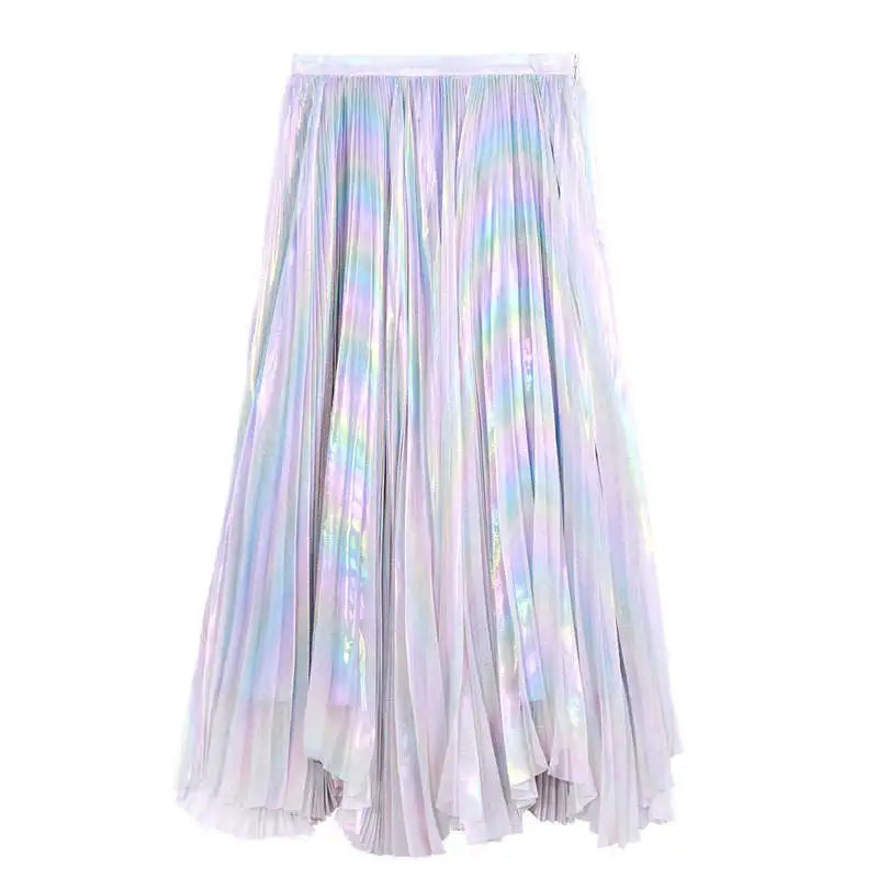

Rainbow Shiny Skirt Women High Waist Long Swing Layers Irregular Fashion