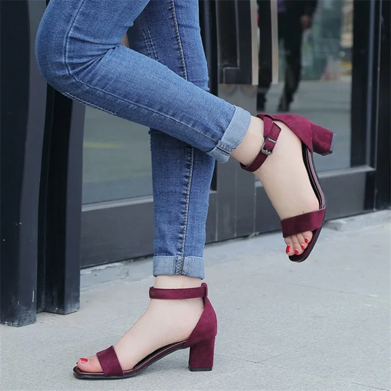 Open toe Square heel High Suede sandals women 2019 new summer shoes woman temperament Flock Buckle ladies female | Обувь