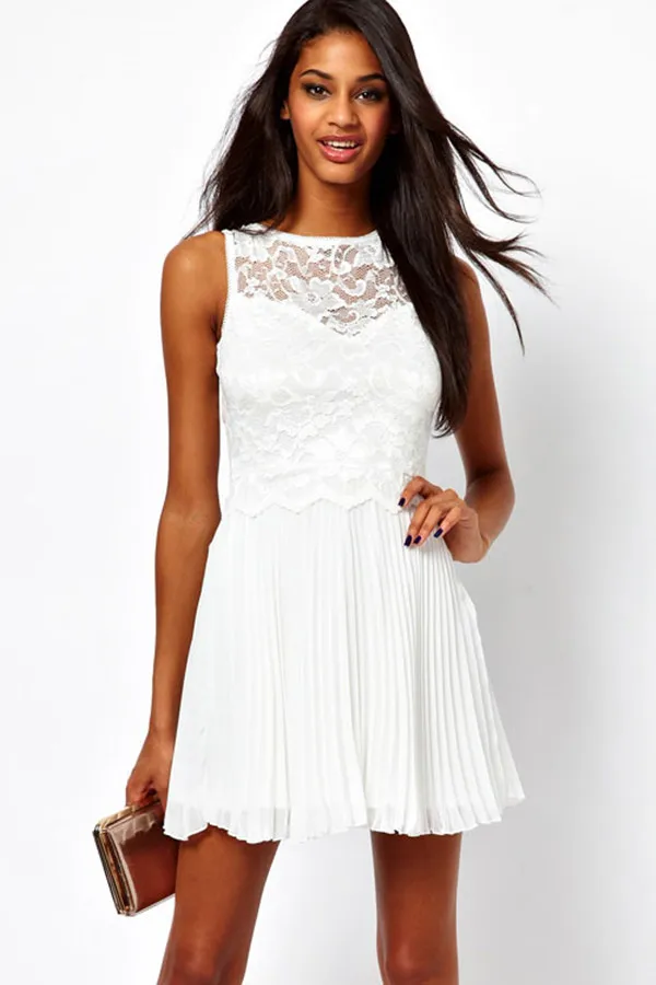 lastest new arrival hot sale Pure White cute Lace Skater Dress womens with Pleated Skirt 2902 Free Shipping |