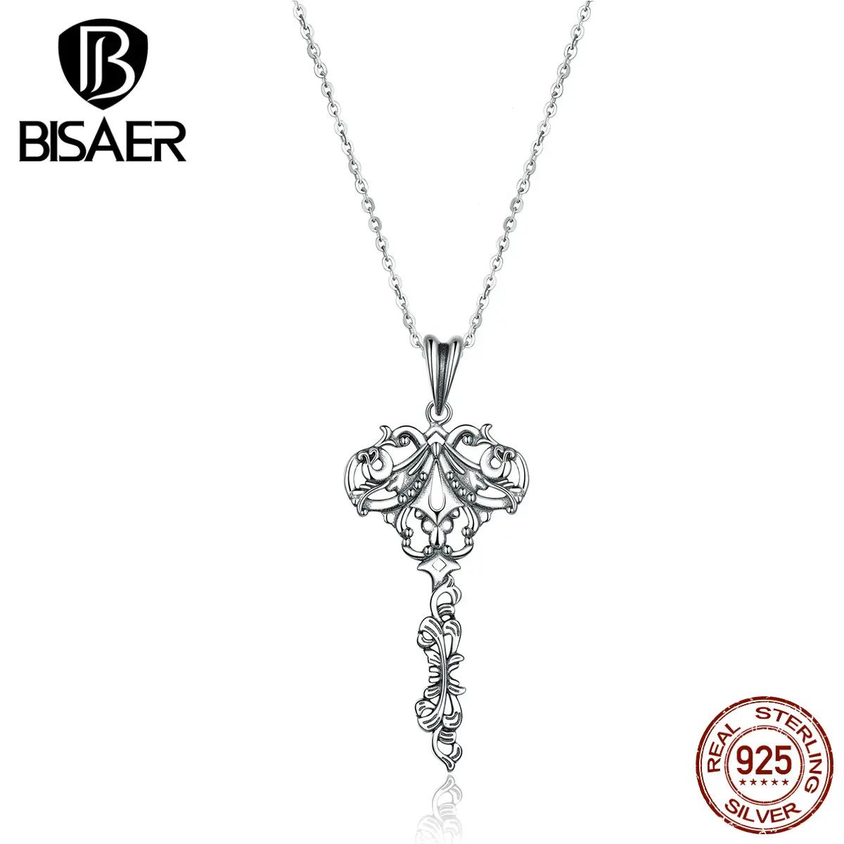 BISAER, сердце, ключ, женские ожерелья, 925 пробы, серебро, Heartslock, ключ, форма, подвеска, ожерелья для женщин, ювелирное изделие, воротник ECN328