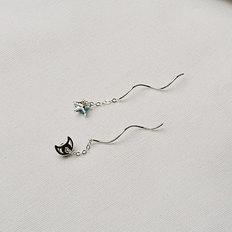 S925 sterling silver blue crystal star moon asymmetrical earrings ladies spiral pentagram ear ornaments jewelry gift 6-ES3141 | Украшения и
