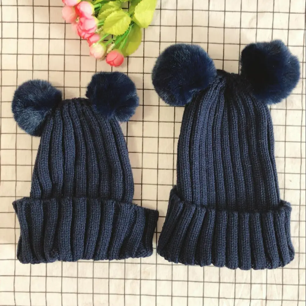 Модные вязаные шапки для родителей и детей Beanies Милая зимняя шапка с помпоном