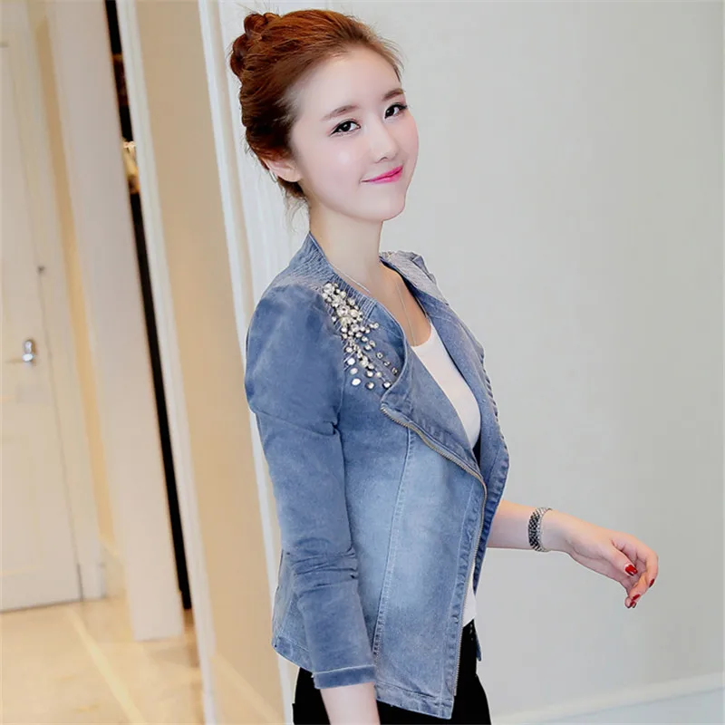 Корейская мода осень пальто Для женщин джинсовая куртка Большие размеры Бисер
