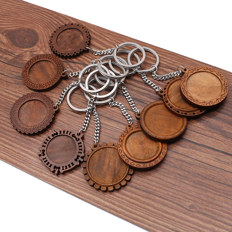 3pcs/lot 25 30mm Wood Cabochon Stainless Steel Keychain Base Settings Diy Blank Brown Cameo Trays for Key Chain Jewelry Making | Украшения