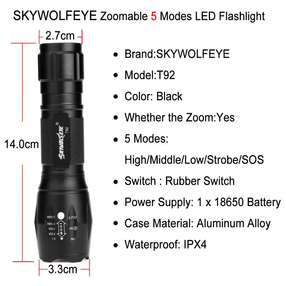 SKYWOLFEYE светодиодный фонарик Tactica T6 регулируемый фокус 5 режимов водонепроницаемый