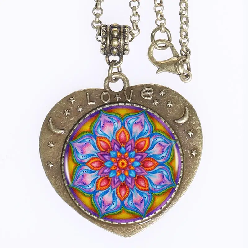 10 шт. цветные мандала логотип привесные ожерелья в форме сердца колье заявление
