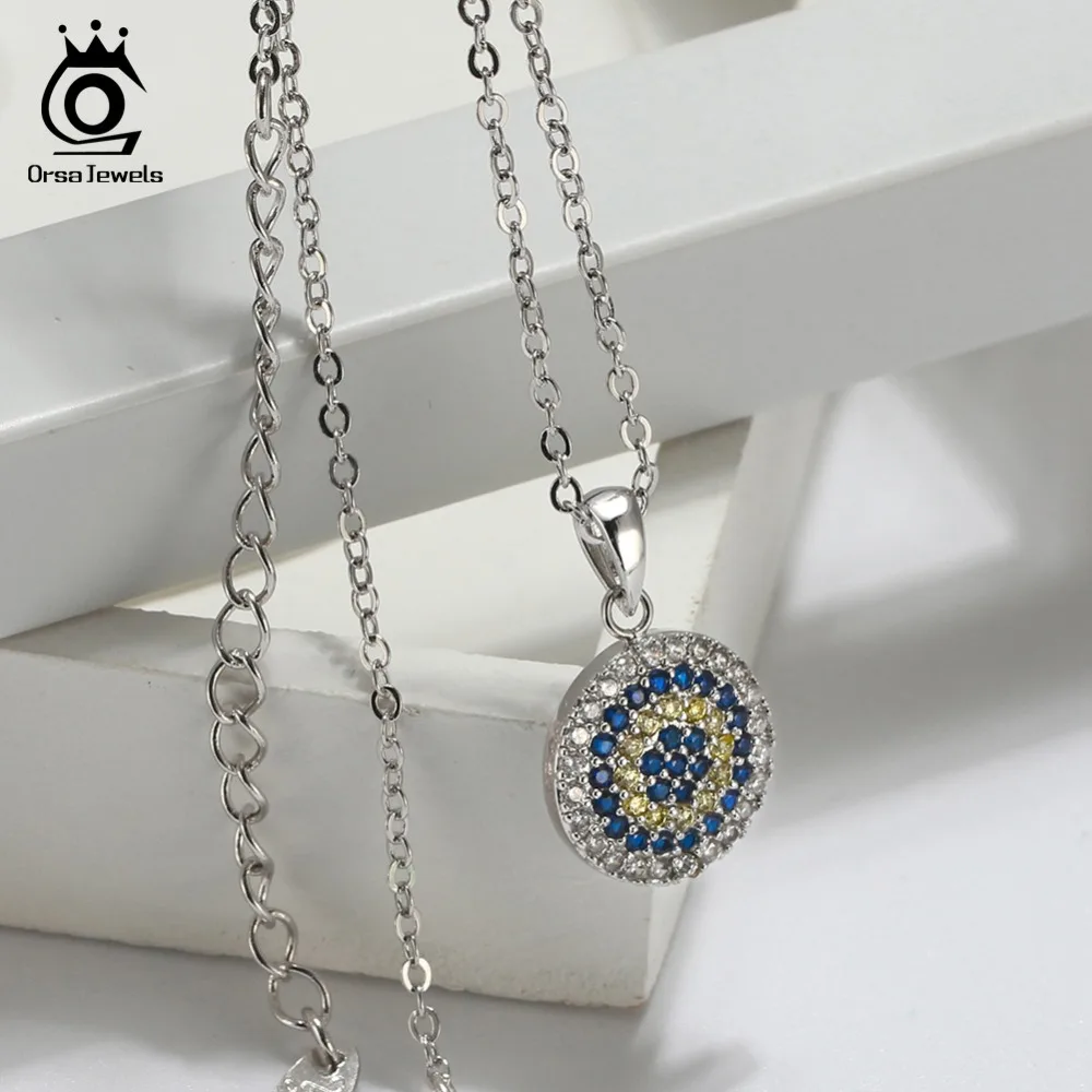 ORSA JEWELS подвески для женщин круглой формы AAA красочный ослепительный фианит зубец Установка 45 см цепочка ожерелье девушки подарок на день рождения ON147