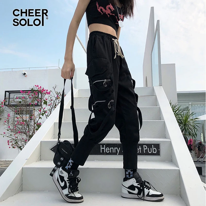 Женские брюки карго CheerSolo черные в стиле хип хоп с несколькими карманами и лентой