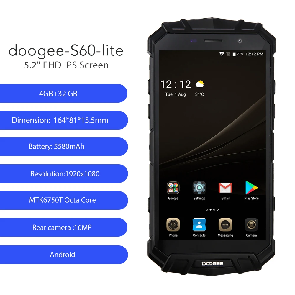 DOOGEE S60 Lite IP68 Waterdichte 5580 мАч 16.0MP 5 2 дюймов mtk6750t восемь ядер 4 ГБ 32 4G LTE gezicht