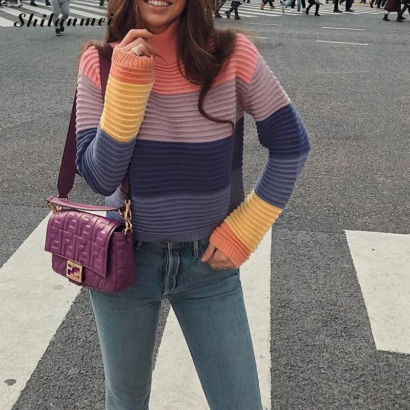 

Female Korean Harajuku Loose Striped Women Casual Sweaters Autumn Fashion Turtleneck Loose Pullovers Jumper Knitwear Pull Femme