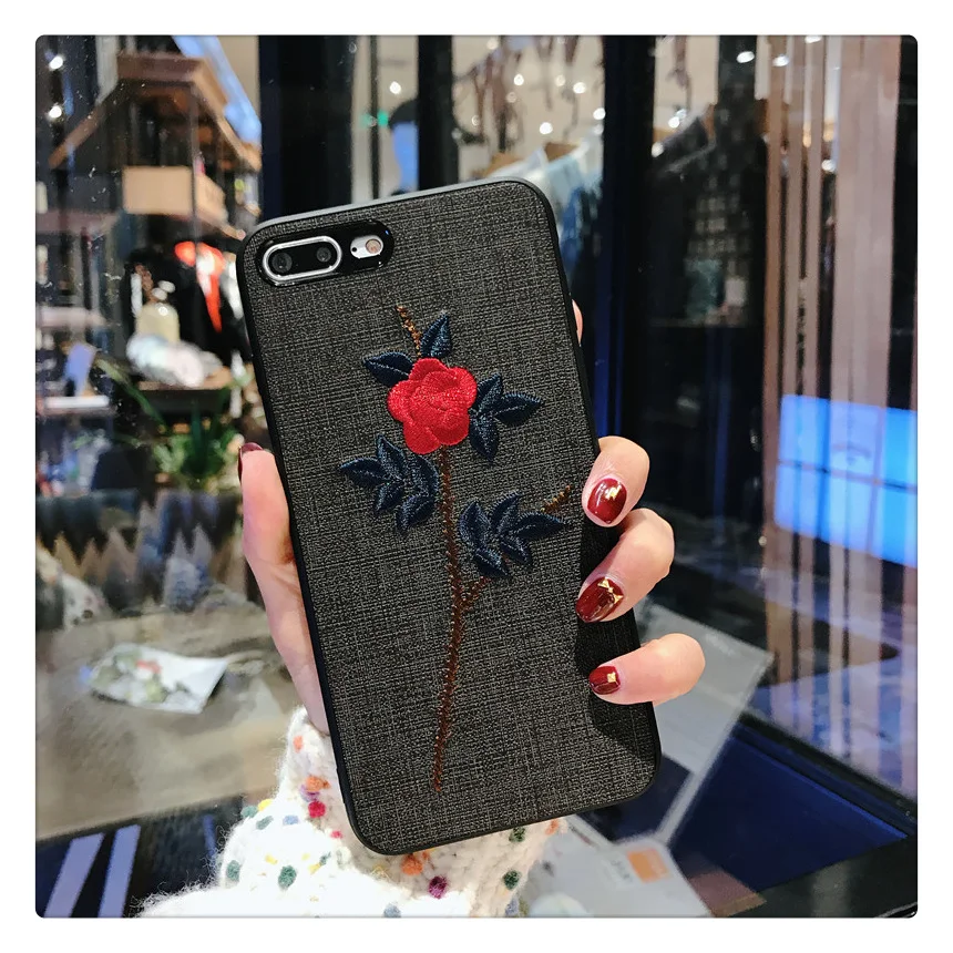 Роскошная вышитая крышка с цветком розы для iPhone 7 тонкий тканевый чехол X 8 6S 6 Plus 3D