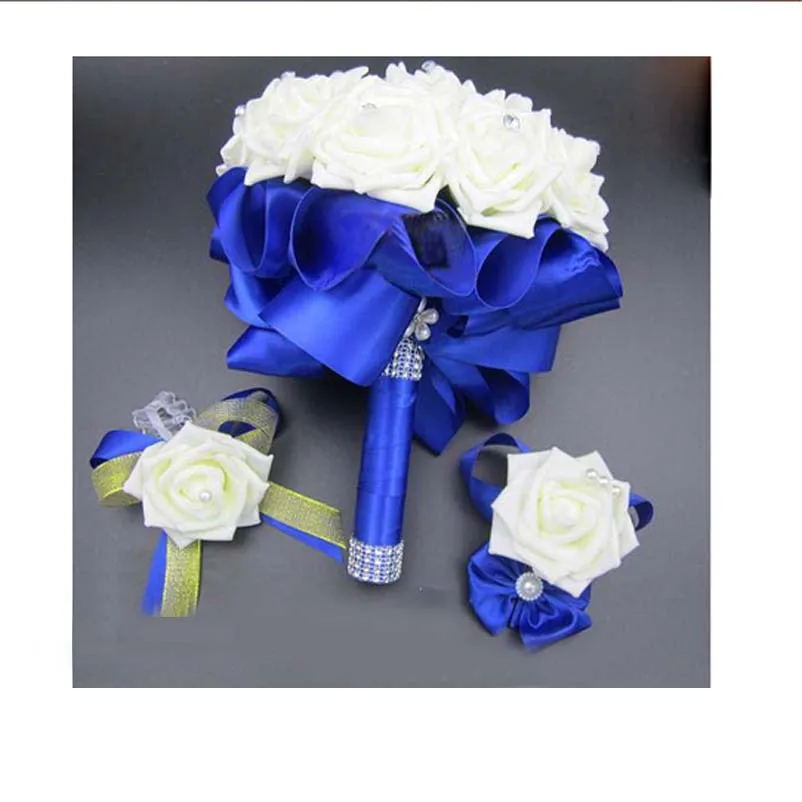 Комплект из 2 предметов букет и корсаж бутоньерка синий невесты de Mariage белый