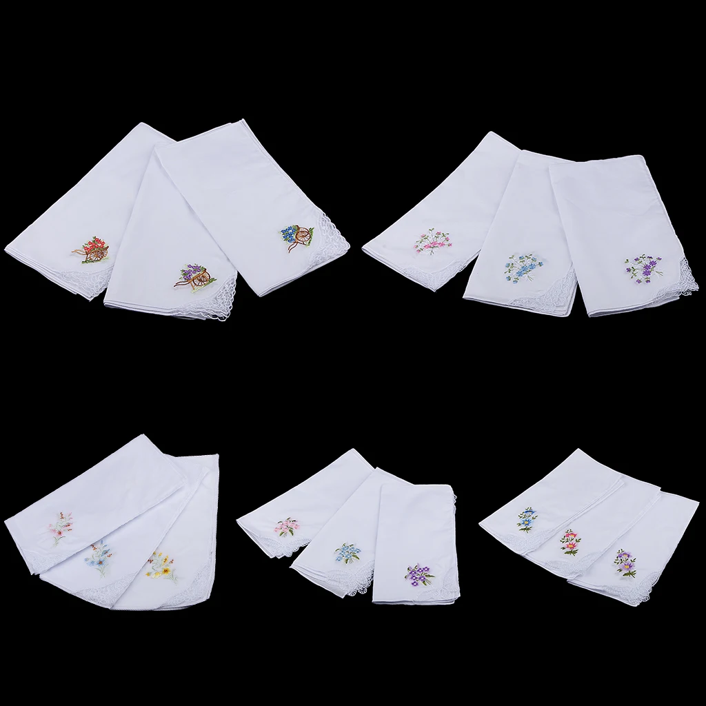 Wholesale 12 Vintage Women Lady's Flower Embroidery Cotton Pocket Square Handkerchiefs Party White Hanky