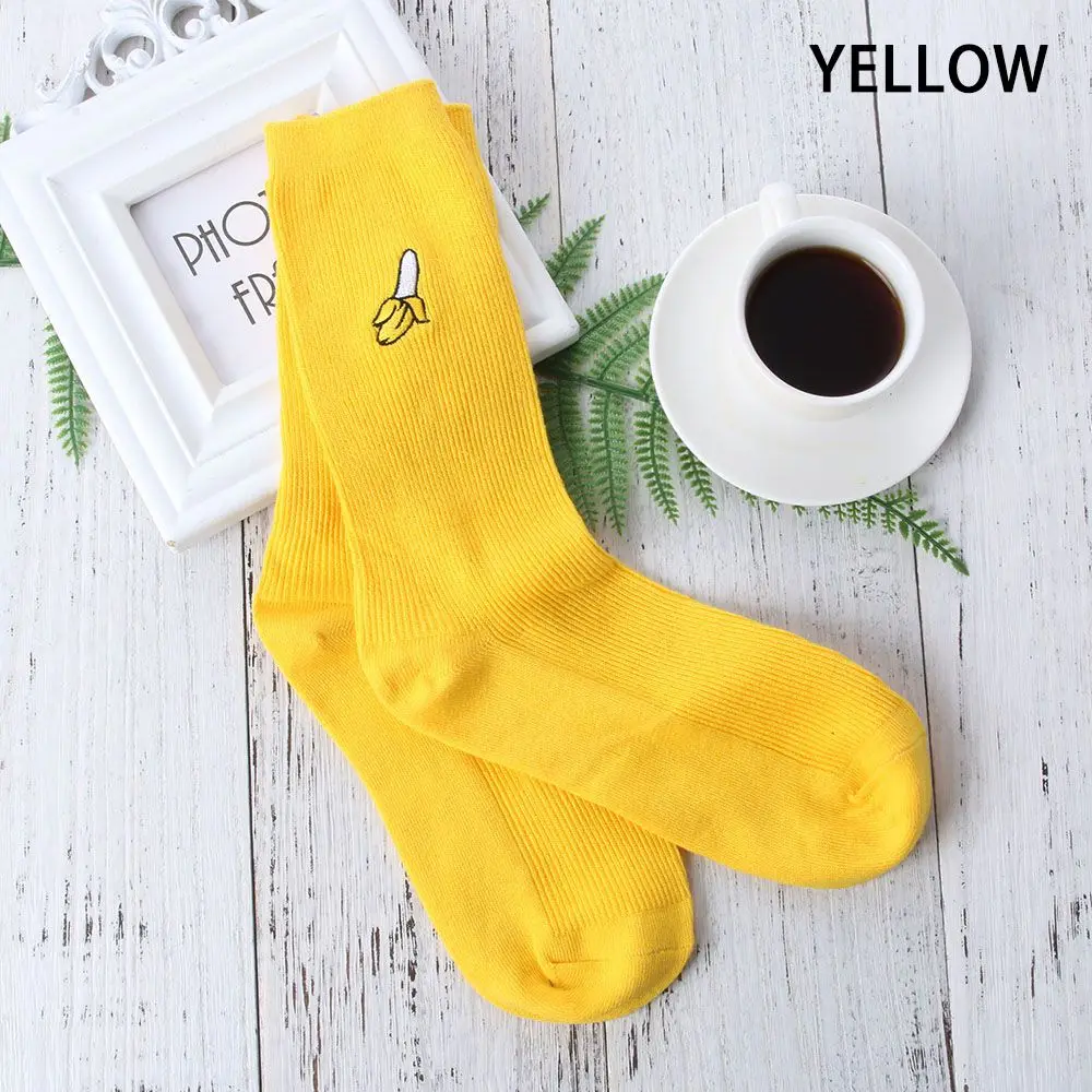 Yellow Sock Gootrades/зимние теплые кавайные носки с мультипликационным принтом фруктов, авокадо, банан, вишня, персик для девочек, Harajuku, женские забавные носки с вышивкой - Цвет: Yellow Sock