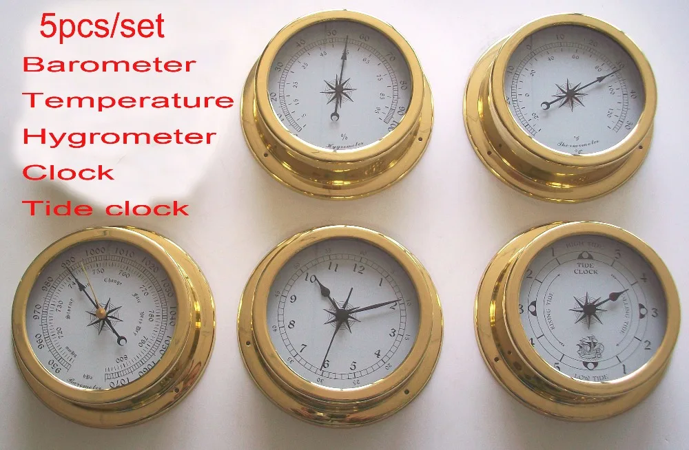 

5 pcs/set Brass Case Boat Weather Station Barometer Temperature Hygrometer Humidity and Clock 145mm Large size B9145-5