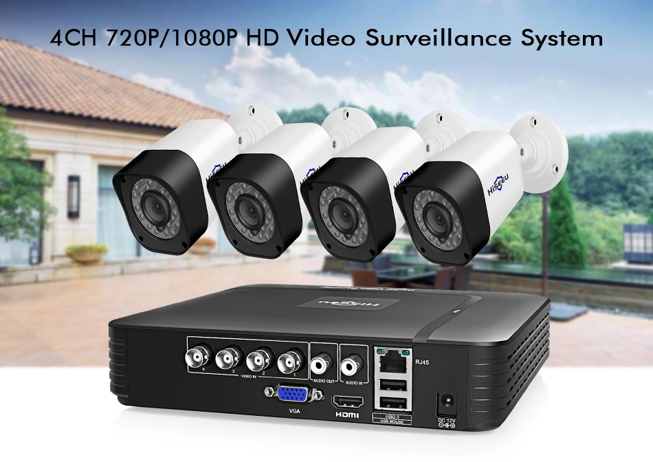 Hiseeu 4CH AHD камера видеонаблюдения системы безопасности 2MP 1MP IR-Cut уличная камера система видеонаблюдения Комплект оповещения по электронной почте просмотр приложения