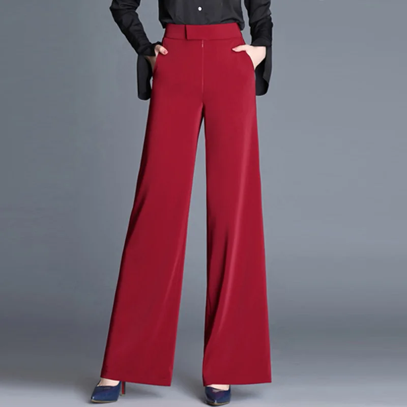 Fall Spring Women Office Lady Wine Red Grey Green High Waisted Wide Leg Loose Trousers , Female Woman Black Slim Elegant Pants