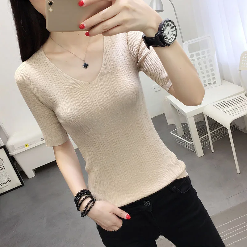 OHCL black white Autumn Winter Sweater Women solid Knitted Pullovers long sleeve tops Wave Cut V-neck Basic office 2018 | Женская одежда