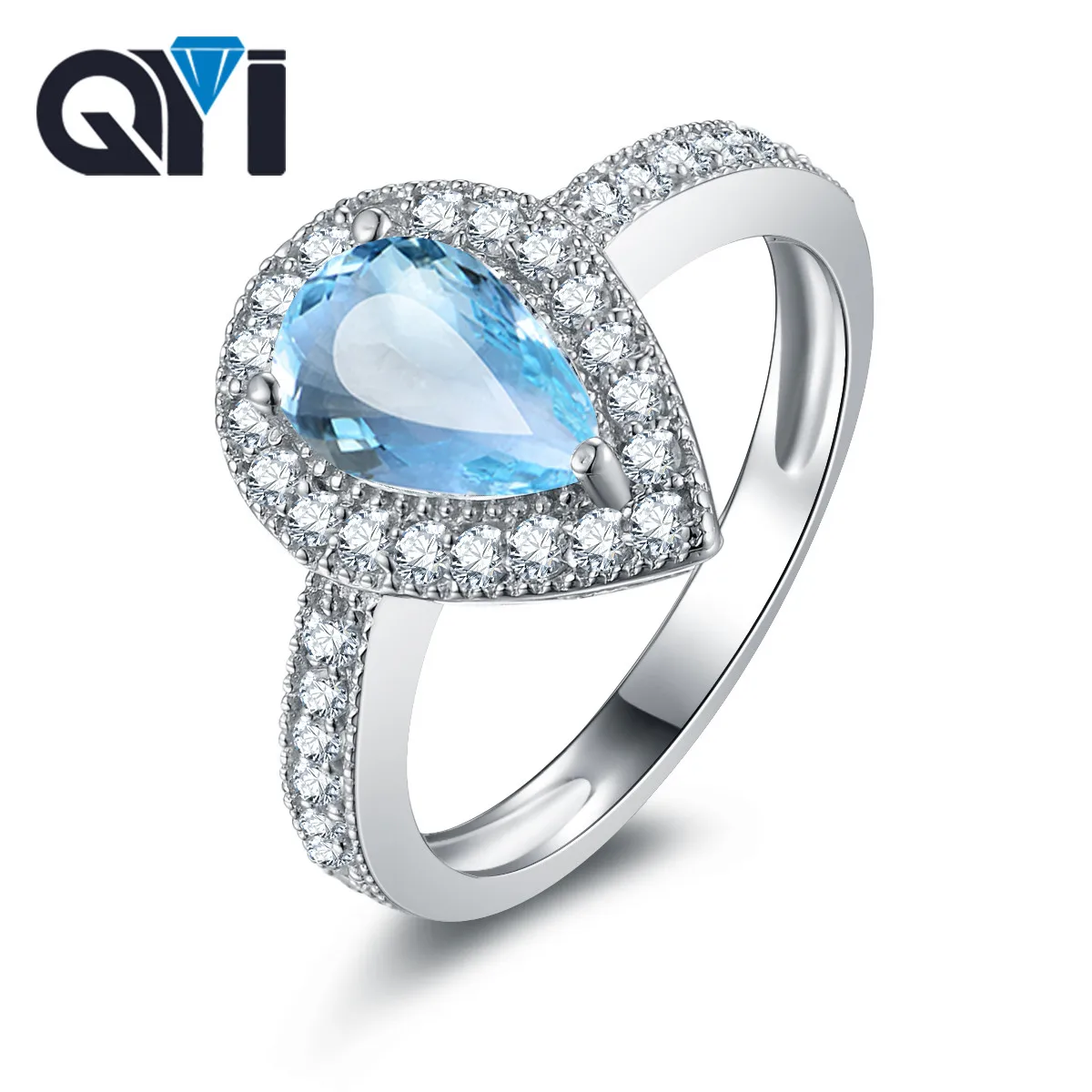 

QYI 925 sterling silver natural light blue topaz halo engagement rings 1.5 ct pear cut gemstone rings for women party jewelry