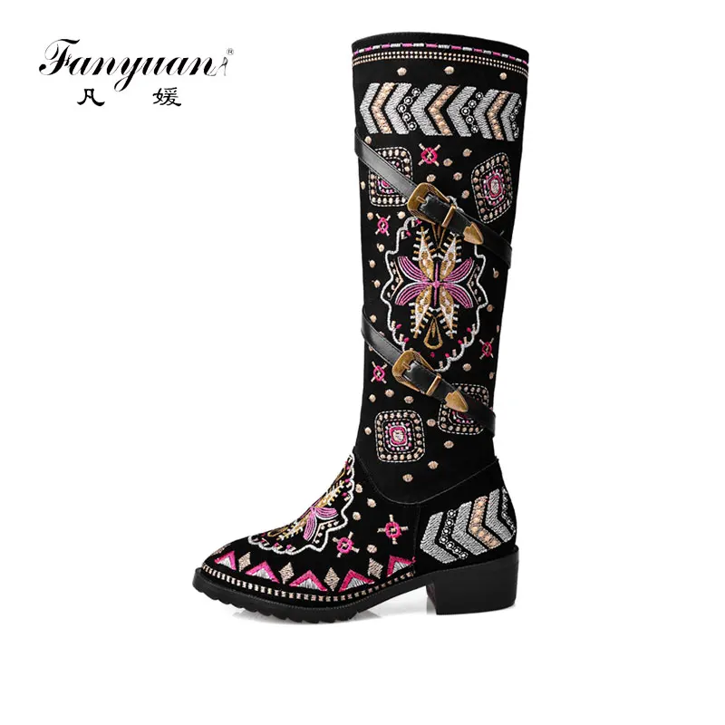

Fanyuan 2018 fashion women boots black round toe zipper ladies cow suede boots super high knee boots embroider ethnic size 43