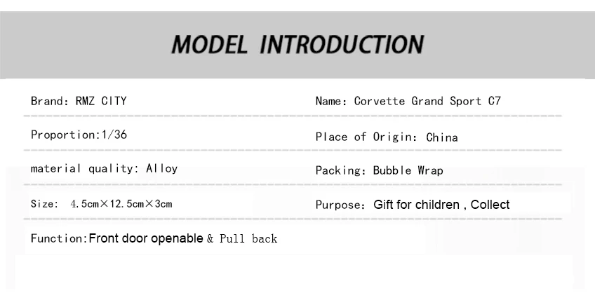RMZ CITY 1:36 Corvette Grand Sport C7 спортивный автомобиль литая под давлением модель автомобиля игрушка с вытягиванием назад для детей подарки коллекция игрушек