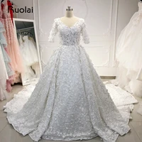luxury wedding dresses 2019 half sleeve dubai wedding gown long train pearls 3d flower lace bridal gown vestido de noiva rw24