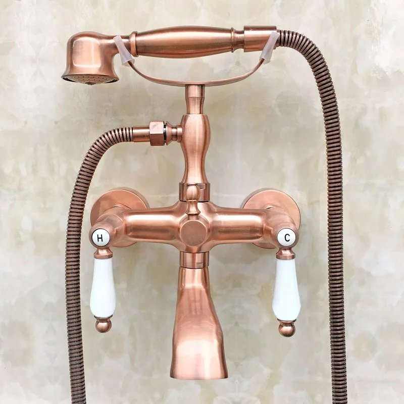 

Antique Red Copper Brass Double Ceramic Handles Wall Mounted Claw Foot Bathroom Tub Faucet Mixer Tap With Handshower mtf806