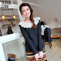 Honey card sweet lace decoration o-neck all-match slim t-shirt basic 13ka041001f