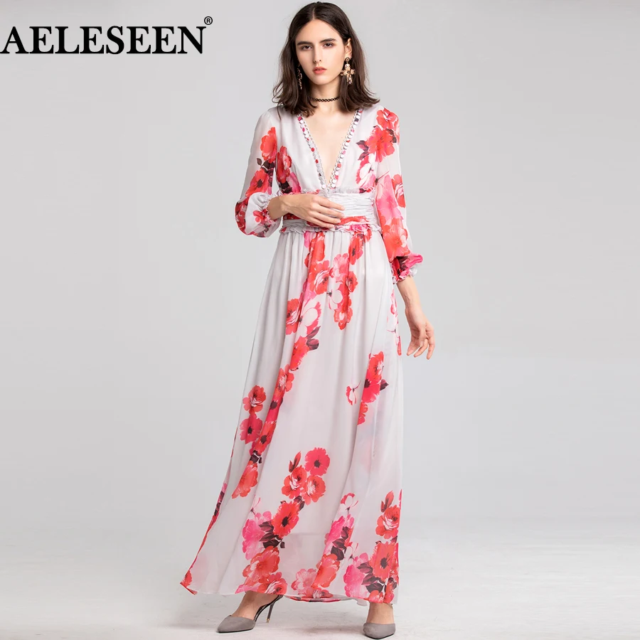 Платье для пляжа AELESEEN Designer Runway 2019 весна осень V-образный вырез цветочный длинное Femme Boho стиль пайетки сексуальное Vestido XXL.