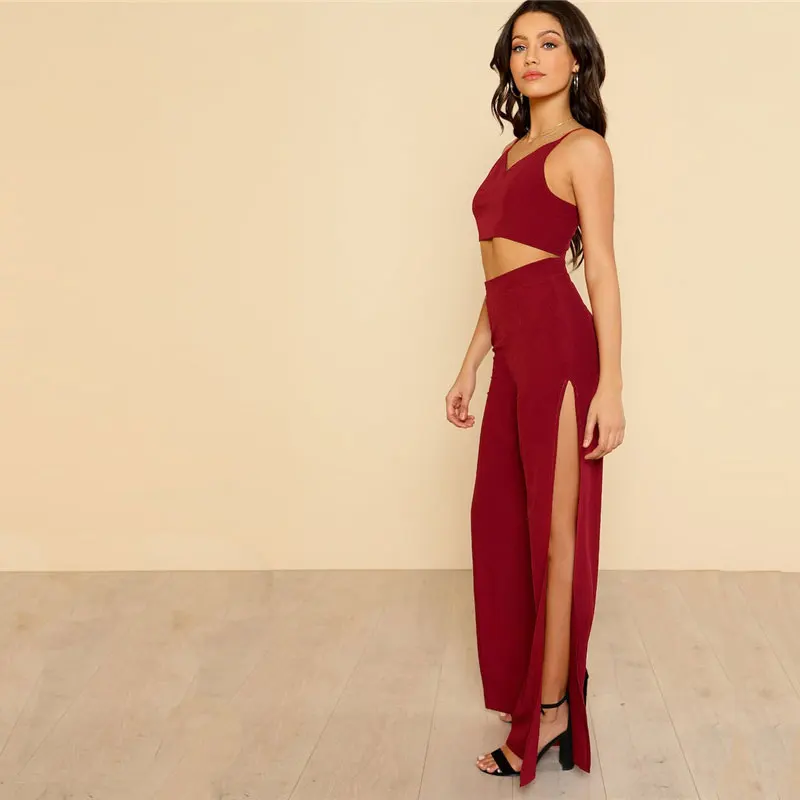 SHEIN Модный Комплект С Вырезом Короткий Топик На Бретельках Топ И Брюки Комплект Из 2 Предметов