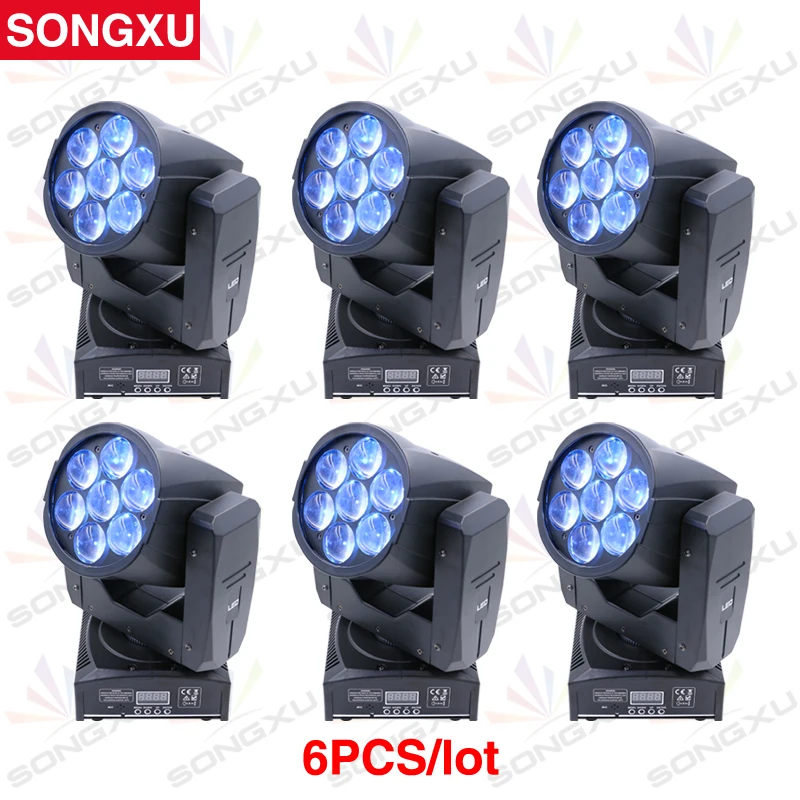 6 шт./лот SONGXU светодиодная Подвижная головка Zoom 16 DMX канал 7*12W RGBW 4 в 1 смешивание