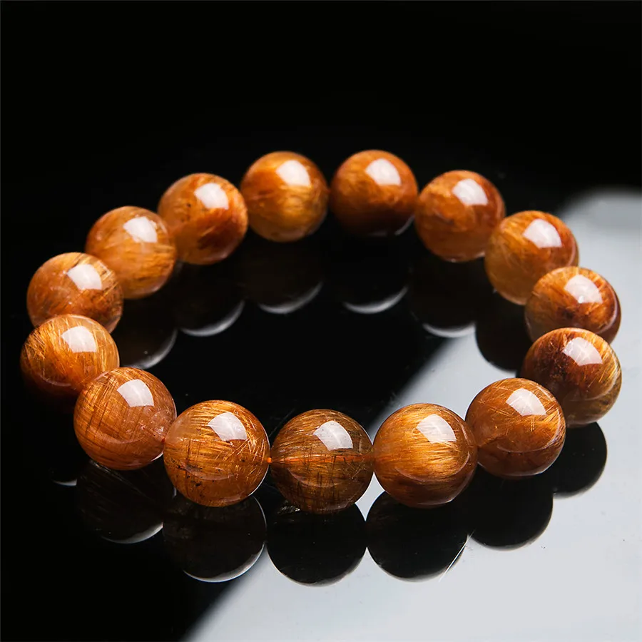 16мм Природные Подлинная Золото Медь волос Rutilated Кварц Браслет шарма Femme Мужчины