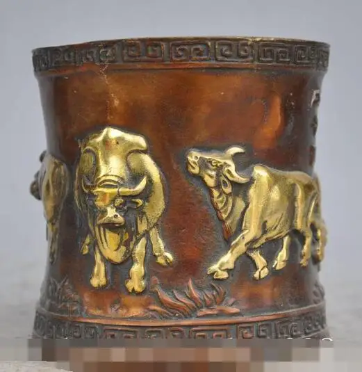 ZSR S01076 5&quot marked Chinese Fengshui Bronze gilt 5 ox bull Statue Brush Pot Pencil Vase B0403 | Дом и сад