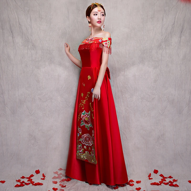 Красное свадебное платье традиционное китайское Qipao Национальный костюм для