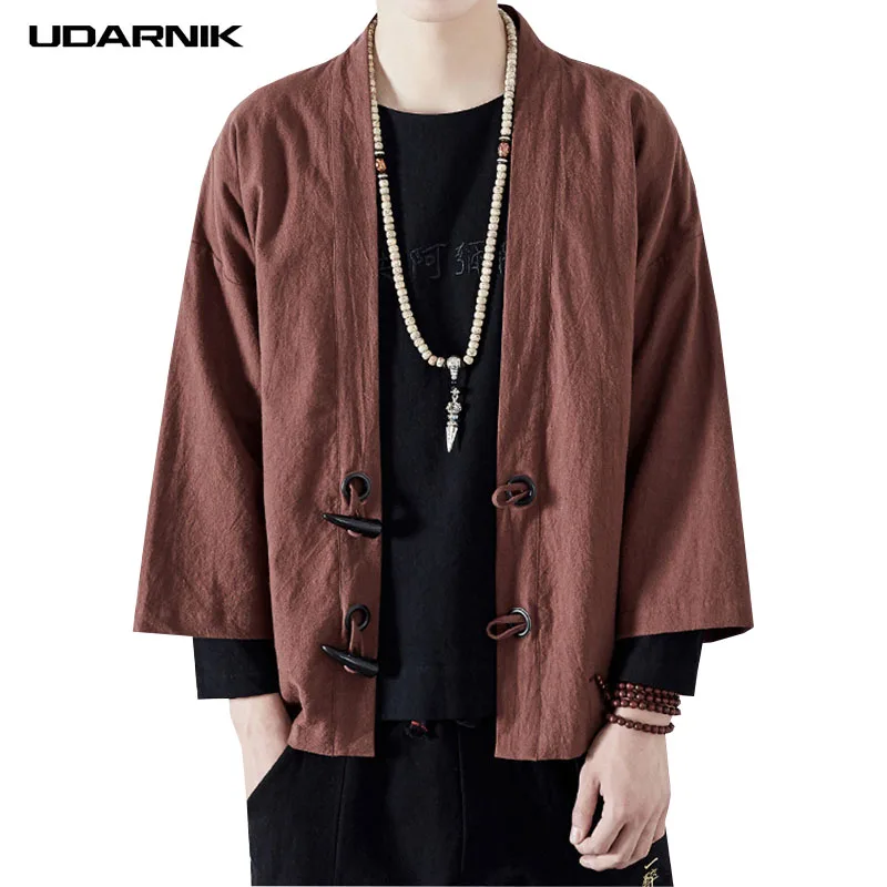 Мужское пальто в японском стиле Yukata кимоно с рукавом 3/4 и открытым стежком
