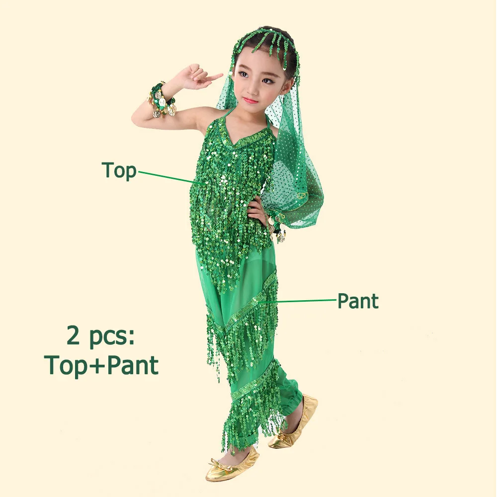 green 2 pcs Детский танец живота комплект детская одежда для индийских танцев Детские костюмы танцевальный, ткань с блестками, с кисточками, сценический костюм комплект из 3 предметов, 6 шт - Цвет: green 2 pcs