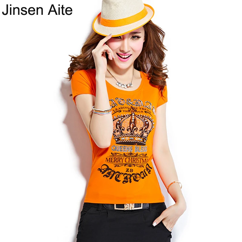 

Jinsen Aite Plus Size S-XXXXL Cotton Print Diamonds Fashion Tops & Tees for Women Slim O-neck Letter Short Sleeve T Shirt JS297