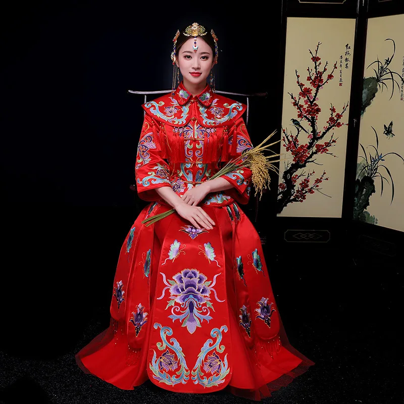 Oriental Bride Red Chinese traditional Wedding Gown Dress Women's Embroider Element Long Cheongsam | Тематическая одежда и