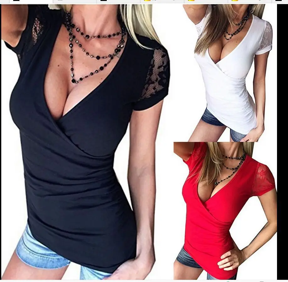 

Spring and Summer New European and American Women's Pure Color Lace Short-sleeved Stitching Fashion Sexy Slim Wild T-shirt
