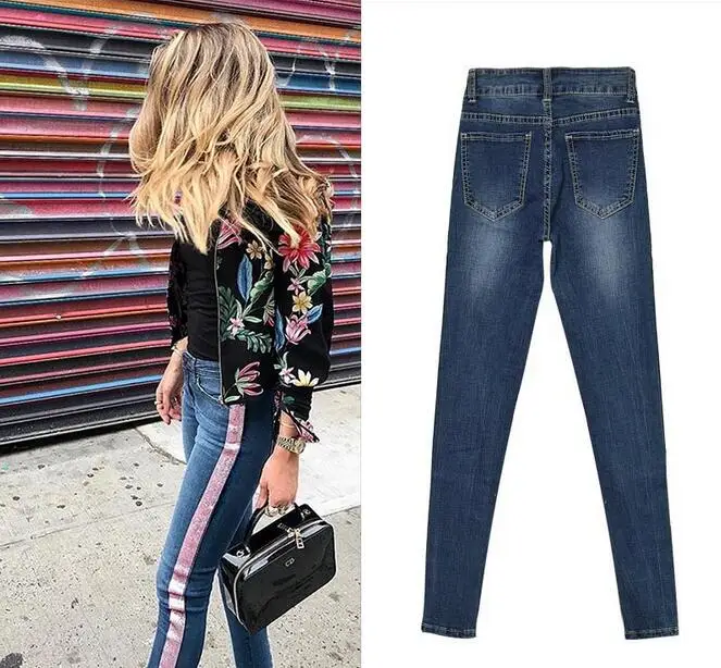 2017 модные облегающие джинсы в полоску сбоку женские эластичные с высокой талией