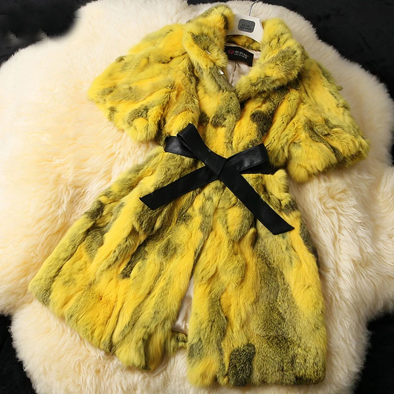 Lady Luxury Real Piece Rabbit Fur Coat Jacket Short Sleeve Autumn Winter Women Fur Trench Outerwear Coats Garment 1021