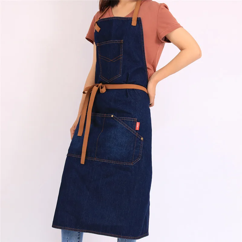 

WEEYI Woman Men Cooking Kitchen Apron Denim Aprons For Chef Waiter Waitress Cafe Shop BBQ With Pockets Lady Restaurant Apron