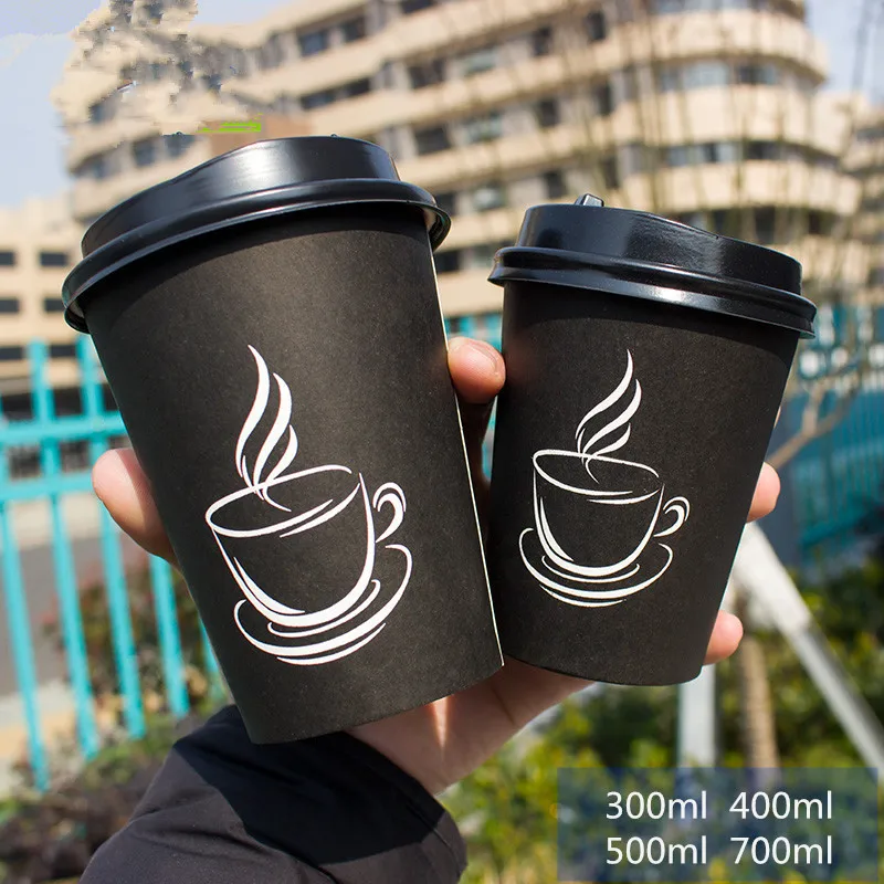 50pcs Creative black disposable coffee cup 250ml 400ml 500ml cold and hot drink beverage paper cups with lid takeaway package