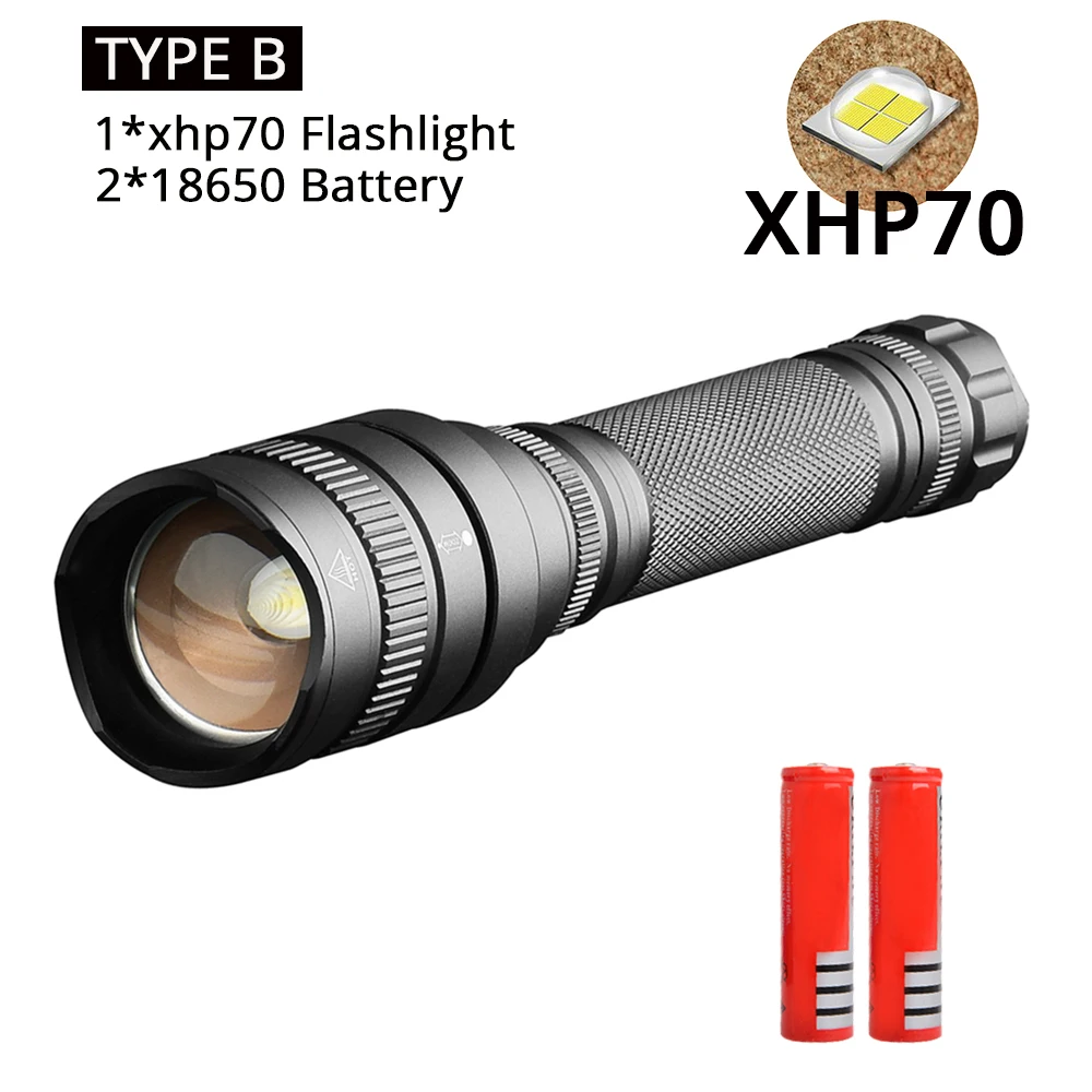 TYPE B Яркий фонарик XHP70, Мощный тактический светодиодный фонарь, фонарь с зумом, 5 режимов, лампа на 2*18650 батарейках, новое поступление - Испускаемый цвет: TYPE B