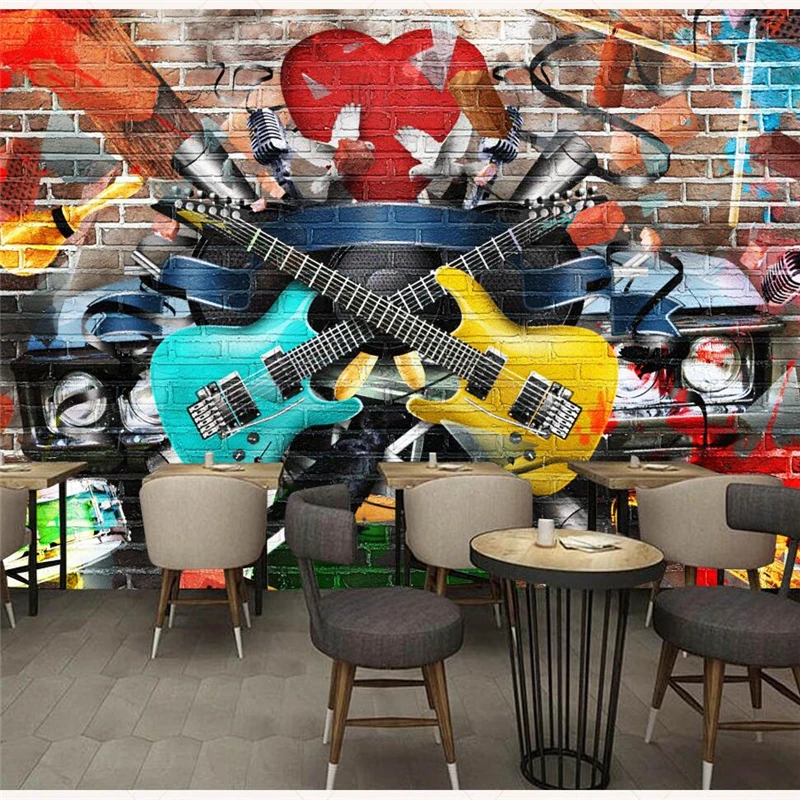 beibehang 3D brick wall graffiti guitar bar KTV wallpaper background wall 5D decorative painting 8D green crystal embossed mural