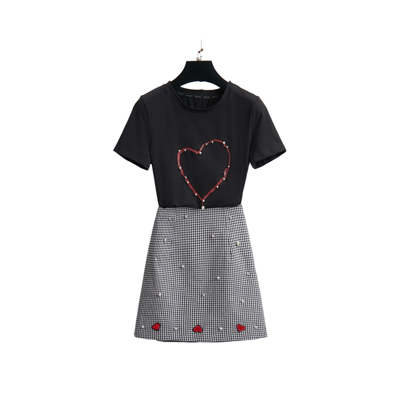 

black plaid skirts vintage fashion of tall waist short sleeve sweatshirt & heart skirt women 2 pcs clothing set outfit vestidos