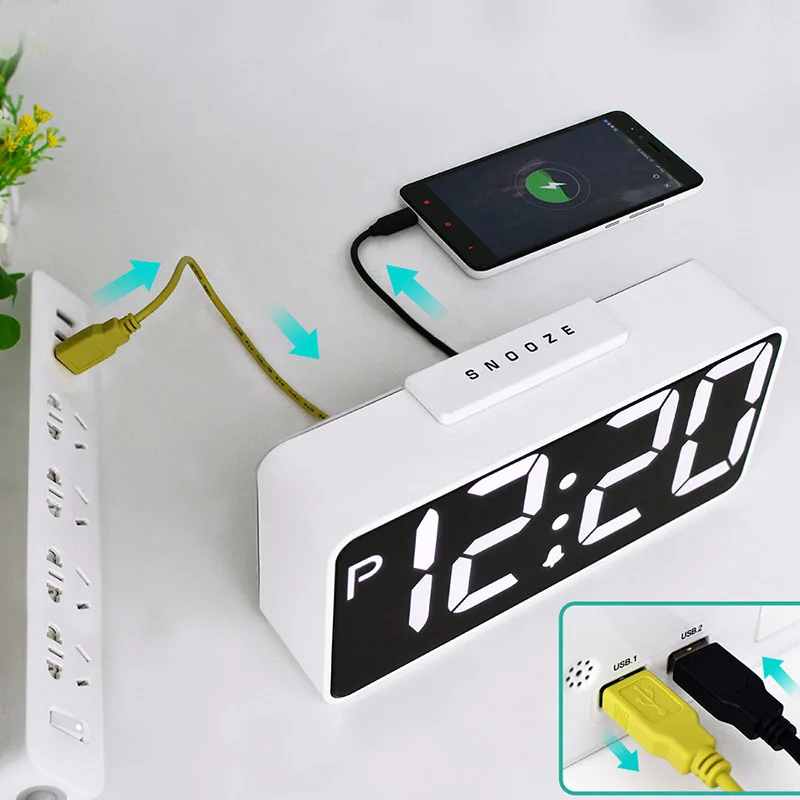 Двойной современный двойной USB цифровые настольные часы большой светодиодный