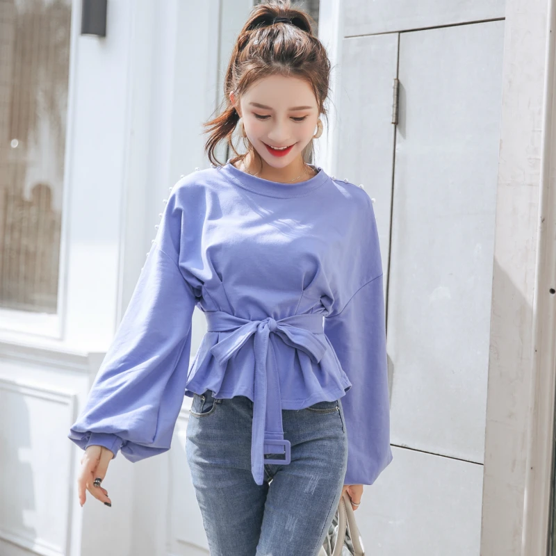 Vintage O-neck Pearl Sexy Blouse Shirt Sashes Lantern Sleeve Slim Waist Women Blouses 2018 Autumn Ruffles Blusas Female |