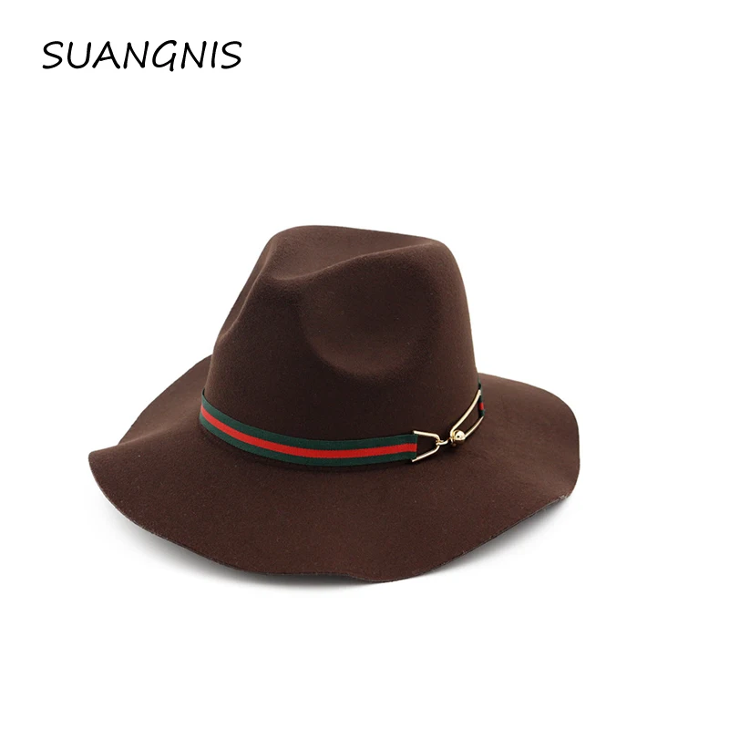 

2019 Autumn winter fashion fedoras vintage Jazz Fedoras hat female waves large brim Formal Party And Stage Metal buckle Top Hat