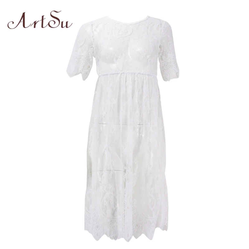 Angle White ArtSu женское черное кружевное платье в пол, Белое Прозрачное платье с регулируемой талией, сексуальное Новое Открытое платье, макси размера плюс DR5046 - Цвет: Angle White